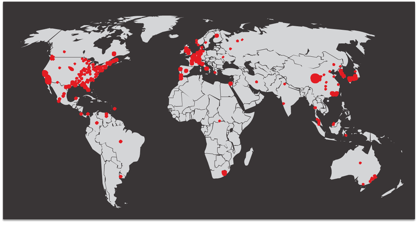 The figure depicts the initial Code Red worm infection across the globe.
