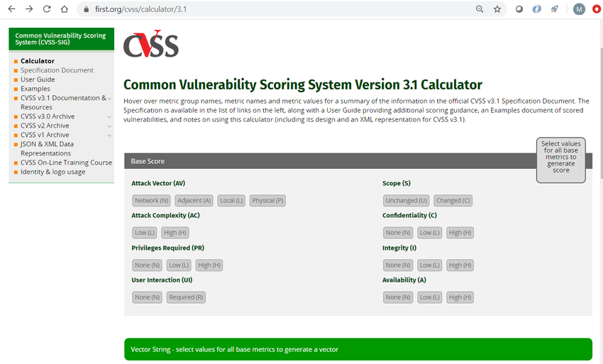 Image is a screenshot of the CVSS v3.1 Calculator, available at https://www.first.org/cvss/calculator/3.1