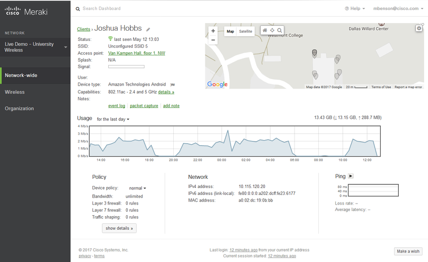 The image is a screenshot of the Cisco Meraki management dashboard. The screenshot displays information about a wireless client. Information shown includes Status: date last seen, SSID, Access point, splash screen, signal strength, device type and capabilities. There is a map showing the client location, a graph showing the usage for the last day. At the bottom of the screenshot, there is a section for policies in effect for the client, network information including IPv4, IPv6, and MAC addresses. At the far right of the screen is a graph of ping response times.