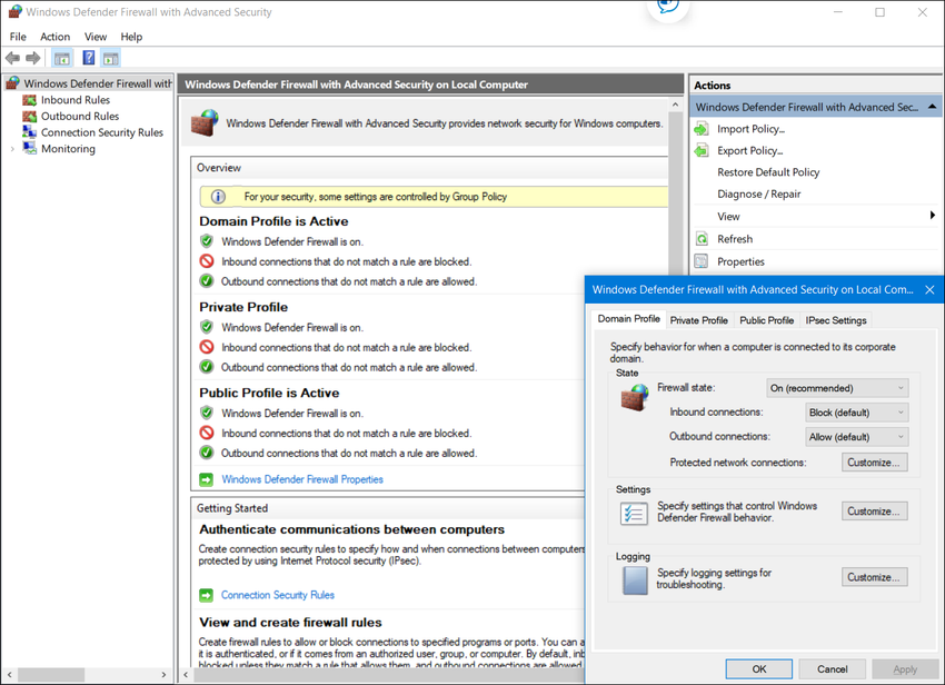 The figure shows the Windows Defender firewall with advanced security window. An interior window shows the domain profile tab that shows the firewall state as on (recommended), inbound connections: block (default), outbound connections: allow (default). Other options that can be customized included protected network connections, settings, and logging.