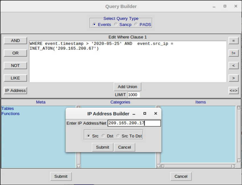 The figure shows the Sguil Query Builder interface which aids in constructing proper Sguil query syntax. 