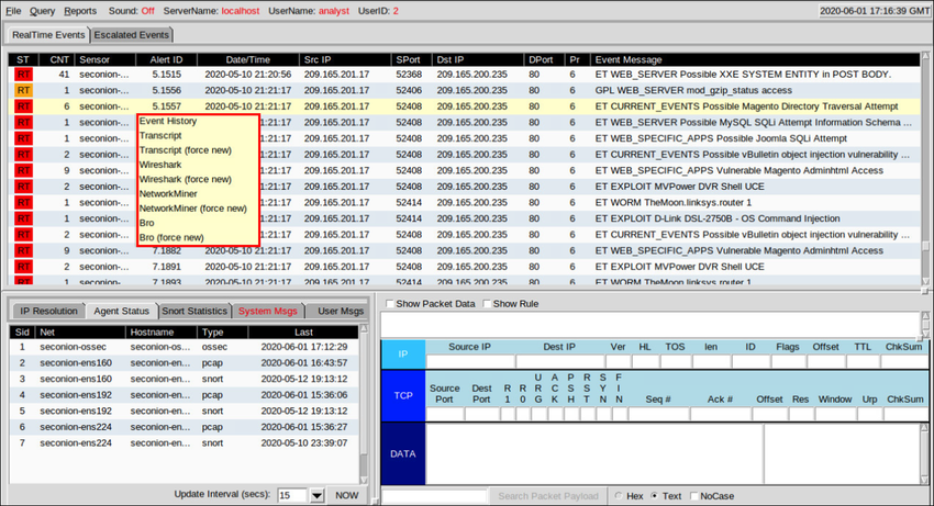 The figure shows the Sguil window. The menu that results from right-clicking an alert I.D. is shown. The choices in the menu are Event History, Transcript, Transcript (force new), Wireshark, Wireshark (force new), NetworkMiner, NetworkMiner (force new), Bro, Bro (force new).