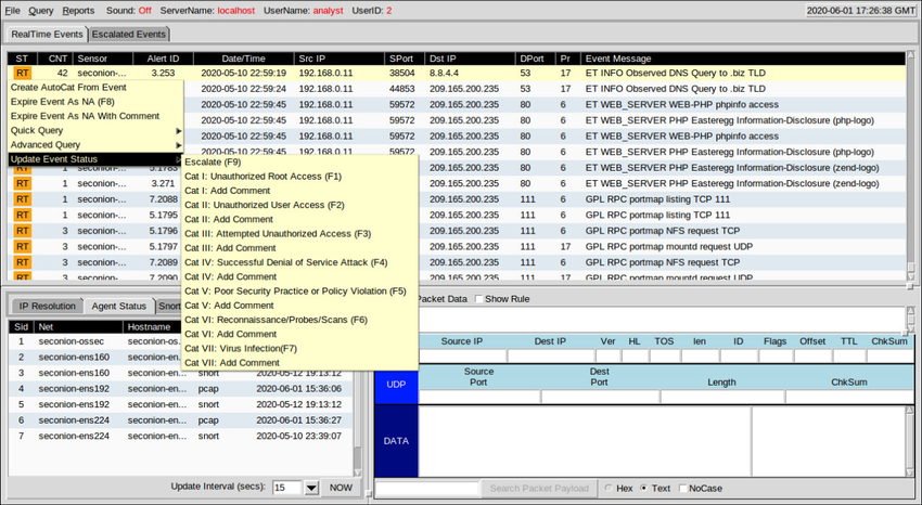 The figure shows how alert events can be updated with comments and placed into different category levels by right+clicking on the alert status in the ST column, choosing Update Event Status, and then choosing a Category level with or without comment. 