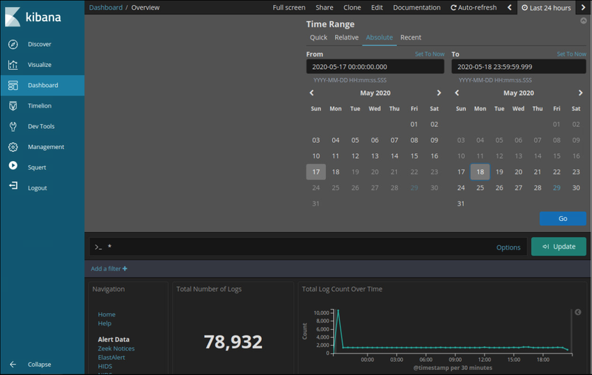 The figure shows how to set an absolute time range in Kibana by clicking Last 24 Hours in the upper rght corner of the interface and choosing the Absolute tab.