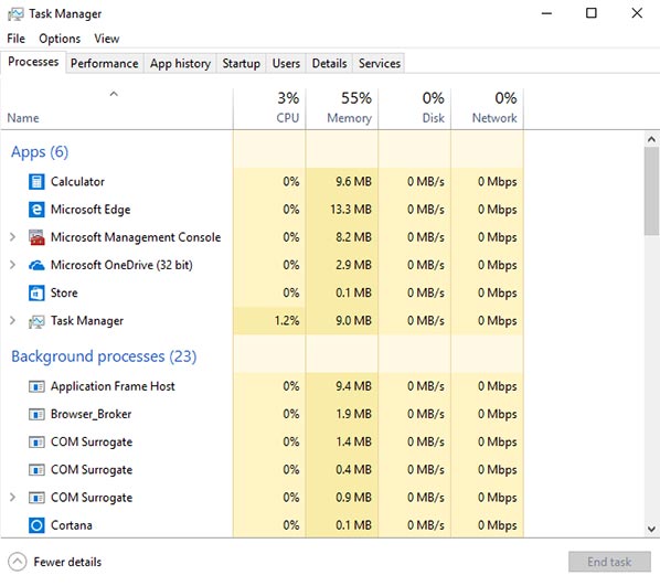 The figure shows running processes including applications, background processes, and system processes which are shown within the Processes tab within the Task Manager tool.