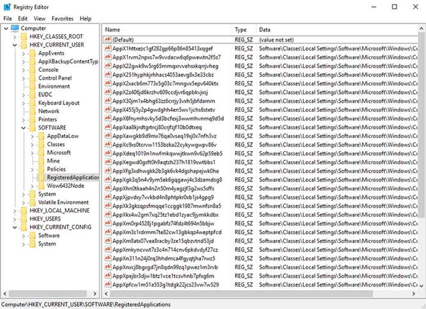 The figure shows the graphical interface for regedit.exe, the Registry Editor utility provided in Windows.