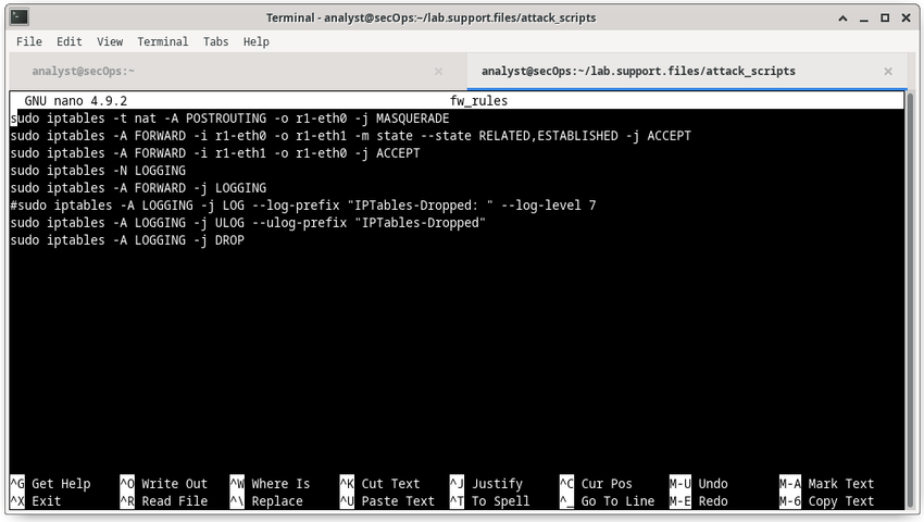 The image is a screenshot showing a terminal running GNU nano 4.9.2 text editor to edit a script to modify firewall rules named fw_rules. At the bottom of the nano screen is a text menu of the options: ^G Get Help, ^O Write Out, ^W Where Is, ^K Cut Text, ^J Justify, ^C Cur Pos, ^X Exit, ^R Read File ,^\ Replace, ^U Paste Text, ^T To Spell, ^_ Go to Line, M-U Undo, M-E Redo, M-A Mark Text, M-6 Copy Text.