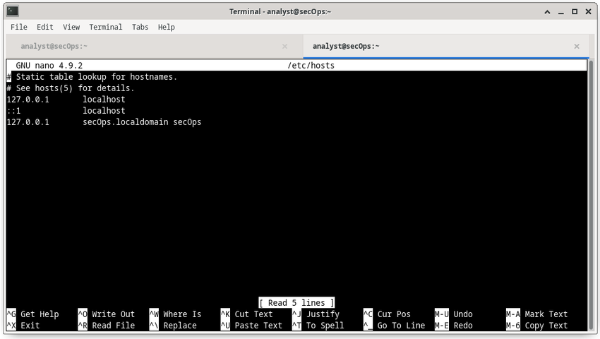 The image is a screenshot showing a terminal running GNU nano 4.9.2 text editor to edit the /etc/hosts file. The contents of the file is shown: #Static table lookup for hostnames. #See hosts(5) for details. 127.0.0.1 localhost ::1 localhost 127.0.0.1 secOps.localdomain secOps At the bottom of the nano screen is a text menu of the options: ^G Get Help, ^O Write Out, ^W Where Is, ^K Cut Text, ^J Justify, ^C Cur Pos, ^X Exit, ^R Read File ,^\ Replace, ^U Paste Text, ^T To Spell, ^_ Go to Line, M-U Undo, M-E Redo, M-A Mark Text, M-6 Copy Text.