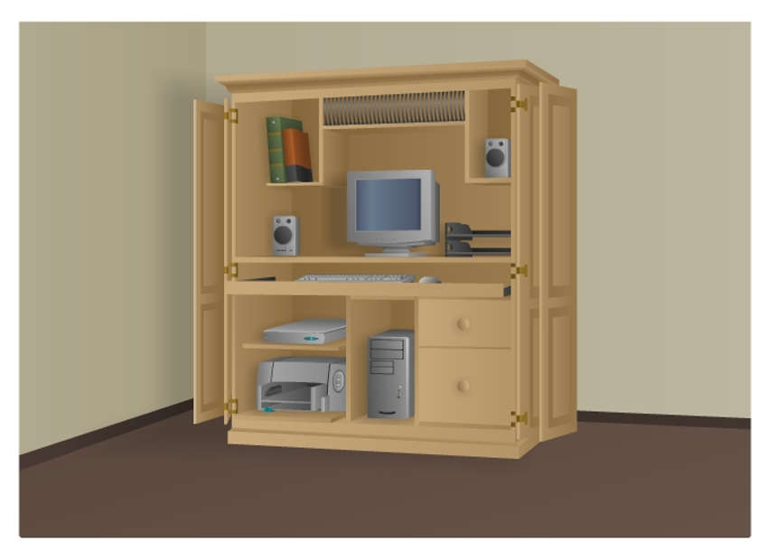 small home network consisting of a monitor, computer tower, keyboard, mouse, speakers, and printer located in a cabinet