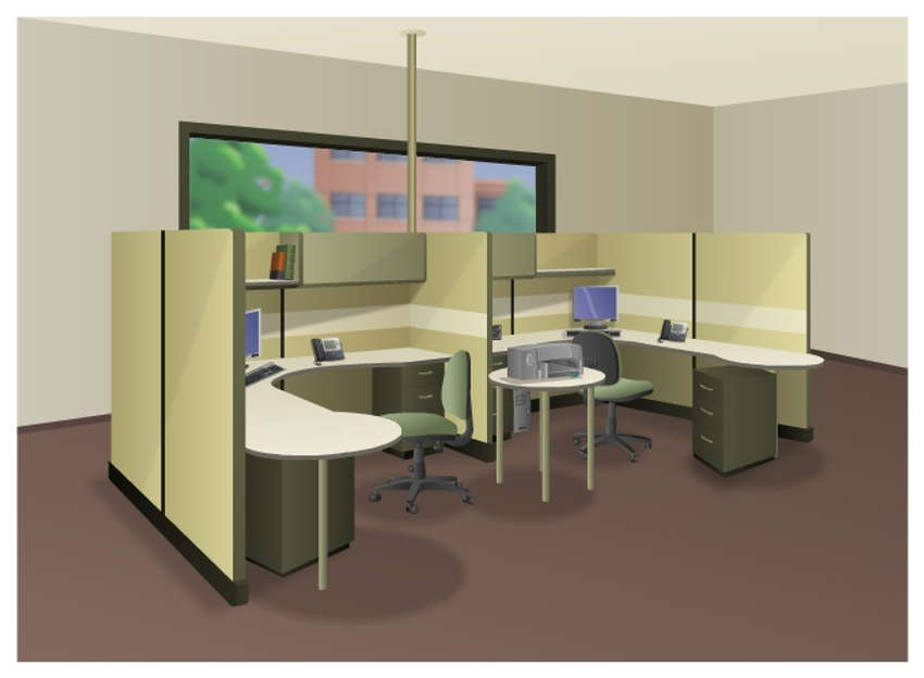 small office home office network consisting of two office cubicles with desks, chairs, filing cabinets, monitors, telephones, a computer tower, and printer