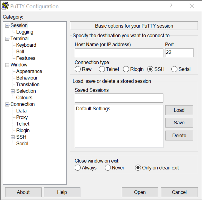 screen capture of a PuTTY interface including the various categories available, a place to specify the destination you want to connect to using a host name or IP address, the port number to be used, and the connection type
