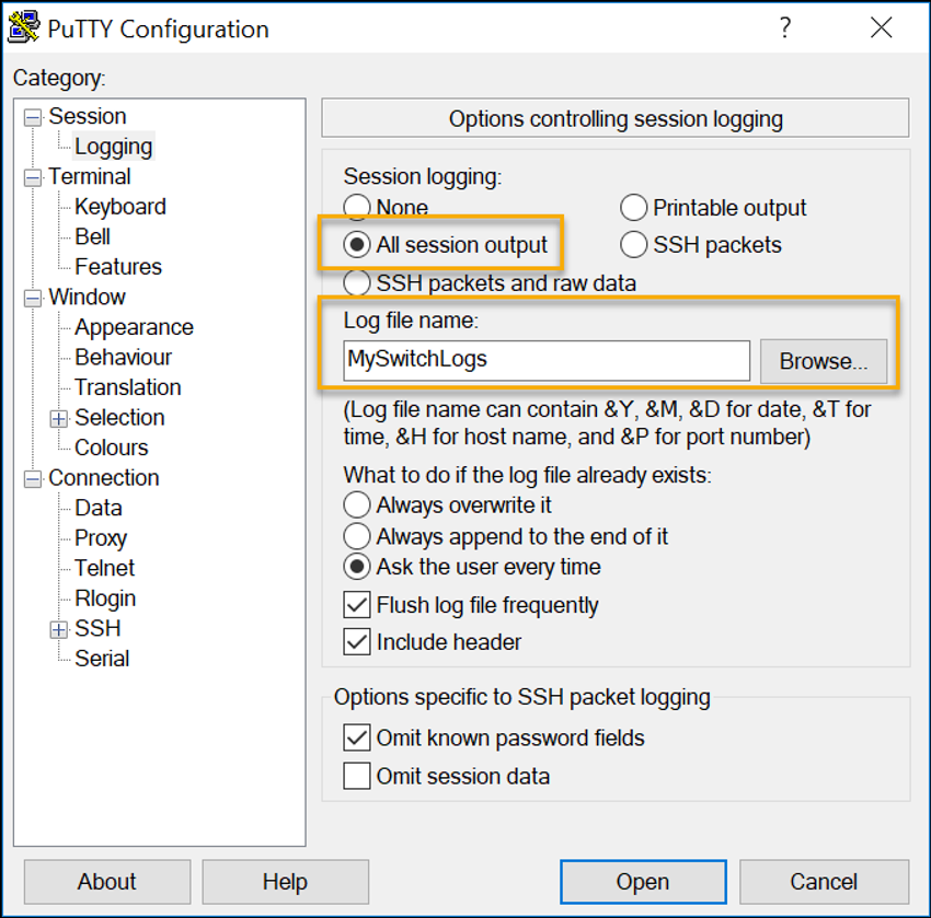 screen capture of a PuTTY session with the logging category selected, the all session output selected under session logging, and MySwitchLogs entered as the log file name