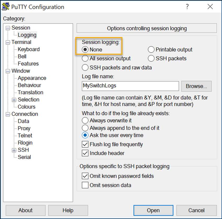 screen capture of a PuTTY session with the logging category selected and session logging set to none