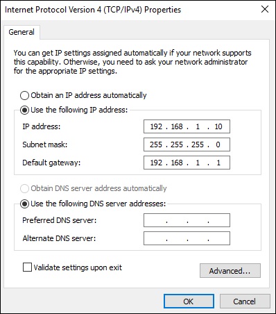 example of the TCP/IPv4 Windows dialog box manually set to use the IP address 192.168.1.10, subnet mask of 255.255.255.0, and default gateway of 192.168.1.1