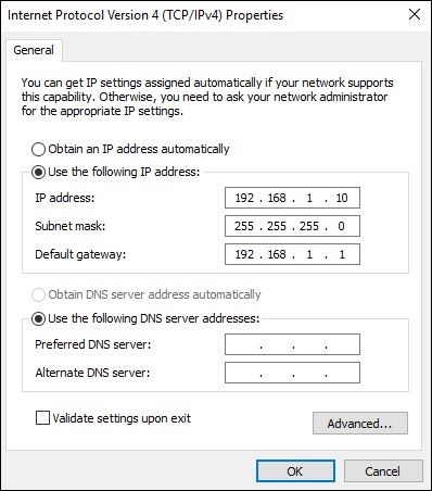 example of the TCP/IPv4 Windows dialog box manually set to use the IP address 192.168.1.10, subnet mask of 255.255.2550, and default gateway of 192.168.1.1