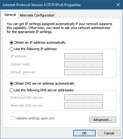 example of the TCP/IPv4 Windows dialog box with the IP settings set to obtain an IP address automatically
