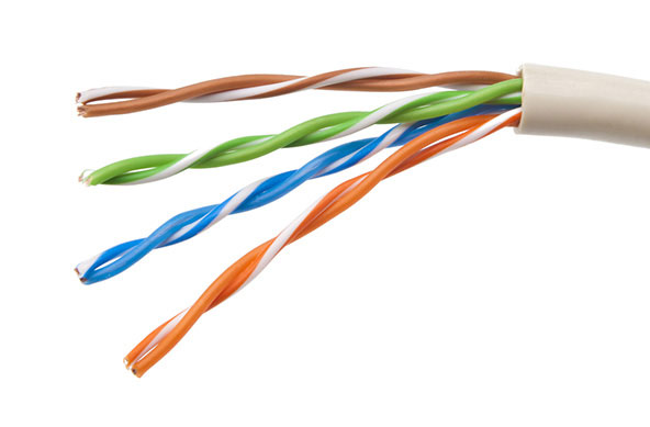 The figure shows a UTP cable with the jacket partially removed and four twisted pairs which each has a different twist ratio