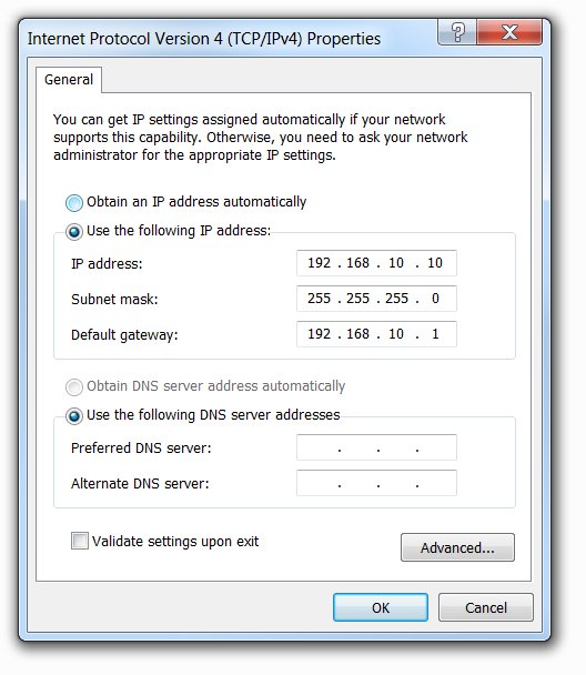 screenshot of the TCP/IPv4 properties Windows dialog box showing the device is set to use the following IP addressing information: IP address of 192.168.10.10; subnet mask of 255.255.255.0, and default gateway of 192.168.10.1