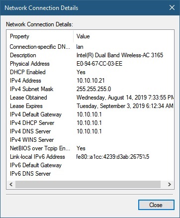 screen capture of the Windows Network Connection Details dialog box showing IP configuration information including IP address, subnet mask, default gateway, and DNS server