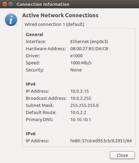 screen capture of the Connections Information dialog box on a Linux host showing IP configuration details including IP address, subnet mask, default gateway, and DNS server