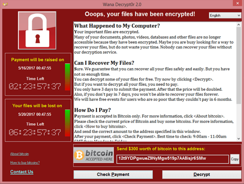 screenshot of a Wana Decrypt0r ransomeware attack with the message; Oops, your files have been encrypted!, and directing the victim to pay $300 worth of bitcoin