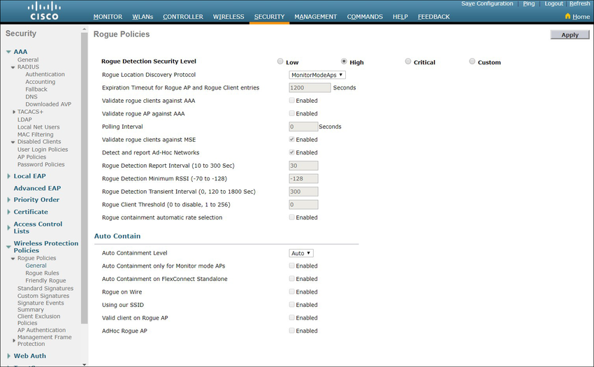 screenshot of the Cisco wireless LAN controller GUI showing rogue policies configuration with the rogue detection security level set to high
