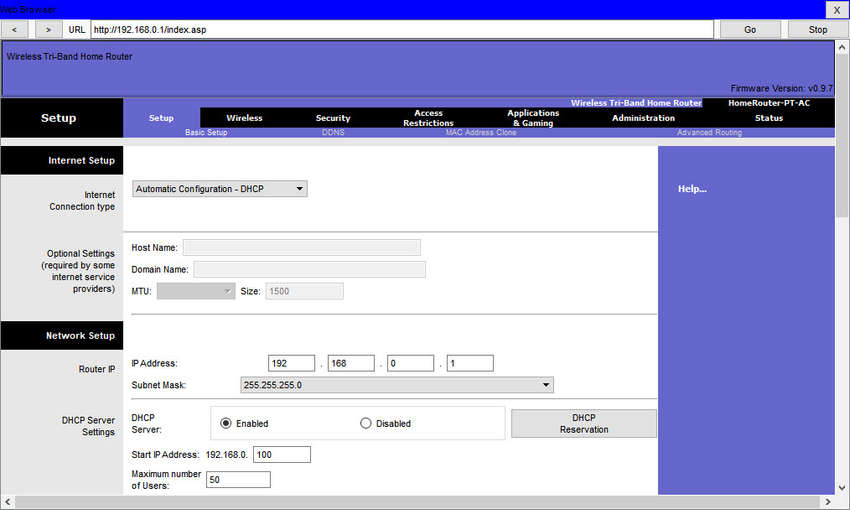 The figure depicts logging into a router from a web browser. There are seven tabs on the main menu: Setup, Wireless, Access Restrictions, Applications & Gaming, Administration and Status. The Setup tab has been selected and shows Internet
and Network setup options. Under Internet Setup it shows that DHCP has been selected as the Internet connection type and there are also optional settings to enter Hostname and Domain information, if required by the ISP. Under Network Setup,
The router IP is 192.168.0.1 with the subnet mask 255.255.255.0 and the DCHP server settings have been enabled on the router. The starting IP address to give to hosts is 192.168.0.100 and the maximum number of users is set to 50.