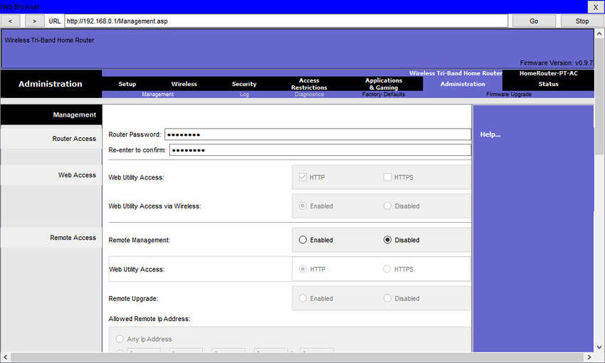 The figure depicts changing the default administrative password on a router GUI. The Administration tab has been selected and the management options are Router Access, Web Access and Remote Access. Under Router Access is a box to configure a
router password and another box requesting the password be re-entered for confirmation. Under Web Access, there are options to allow HTTP or HTTPS access through the web utility, only HTTP is selected and the option to allow web utility access
via wireless is enabled. Under Remote Access, Remote management is disabled, web utility access for remote access, http has been selected and remote upgrade has not been enabled or disabled.