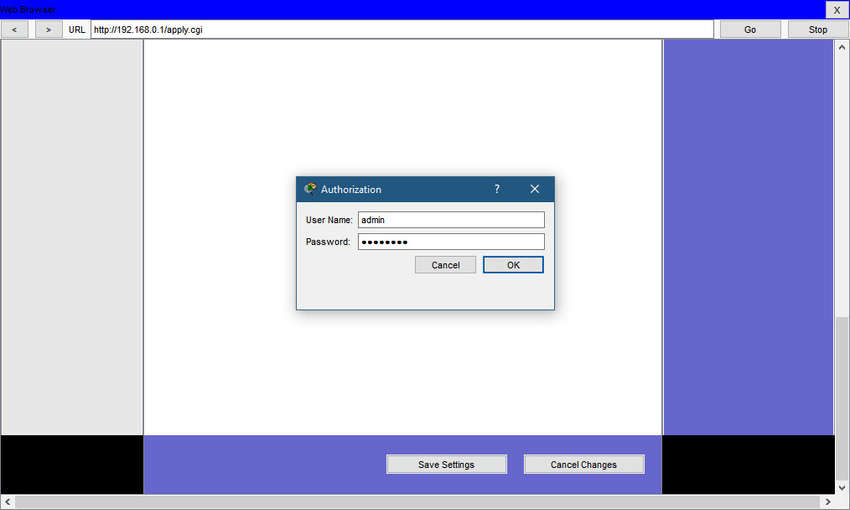 The figure depicts logging in with the new administrative password on a router GUI. There is a window prompt in the middle of the web browser requesting username and password credentials in order to authorize access to the routers GUI.