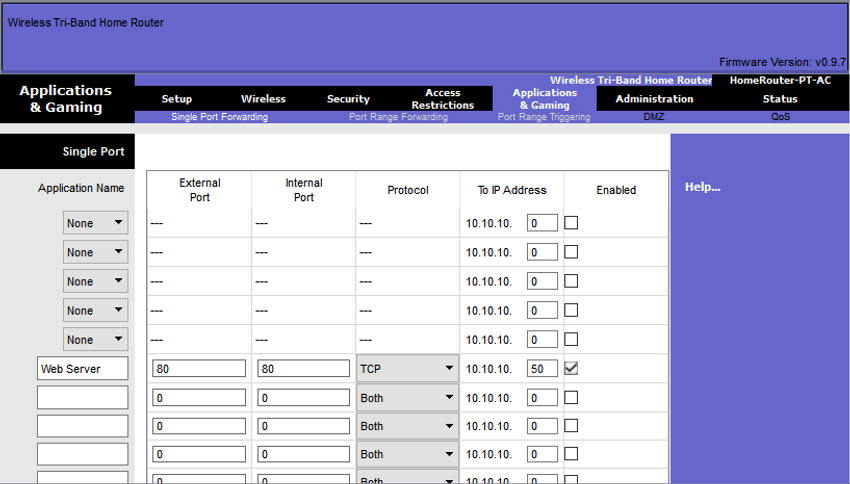 The figure depicts the Port Forward options on a small office/home office router GUI. The Applications & Gaming tab on the main menu is selected and displays port forwarding information.
Under application name for a single port, is the name Web Server. The external and internal port are set to 80. The protocol is TCP and the address to forward is set to 10.10.10.50.