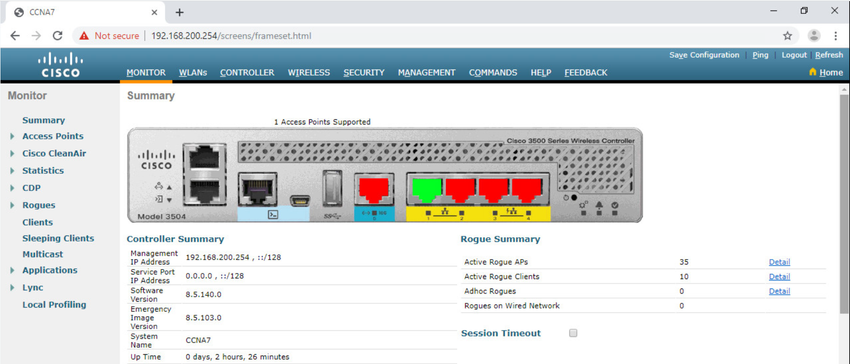 The figure depicts the Summary page on a WLC GUI. The Monitor tab is selected showing the Summary page for a Cisco 3504 Wireless controller. It shows the front of a Cisco 3504 Wireless controller and information about the controller such as
Management address, Software version, System name, Uptime, Active rogue APs, Active Rogue Clients, ADhoc Rogues and Rogues on Wired Network.