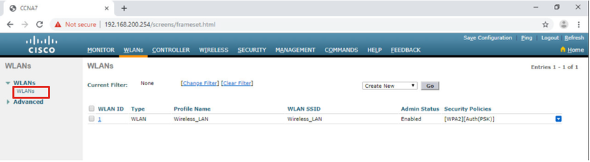 The figure depicts monitoring the WLAN on a WLC GUI. The WLANs tab on the main menu is selected and the WLANs tab on the sub-menu is selected showing the Wireless_LAN profile.