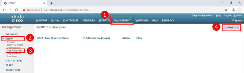The figure depicts three steps to creating a new SNMP server configuration on a WLC GUI. The Management tab on the main menu is selected and outlined with a rectangle and the number 1. SNMP on the sub-menu is selected and outlined with a rectangle and the
number 2. Trap Receivers is selected and outlined with a rectangle and the number 3. The New... button is outlined with a rectangle and the number 4.