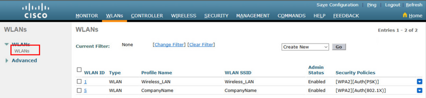 The figure depicts how to verify that the new WLAN is available on a WLC GUI. The WLANs tab on the main menu is selected and the WLANs sub-menu is selected. The Wireless_LAN and CompanyName profiles are listed.