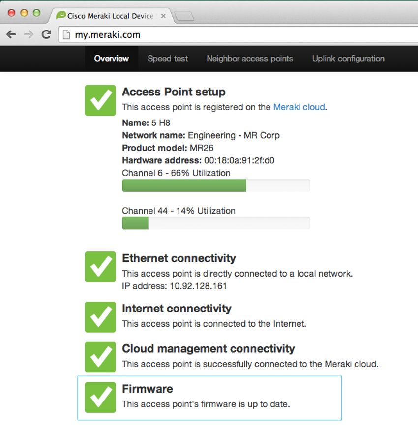 The figure depicts the Cisco Meraki AP GUI on a web browser. The Overview tab is selected and show information about the AP. The Firmware section is outlined in a rectangle.